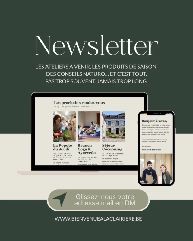 🌿 Des nouvelles de La Clairière… directement dans votre boîte mail ! 🌿

Eh oui, on s’y met : une newsletter douce et bien dosée, comme une bonne tisane maison. Pas de spam, pas de blabla, juste nos actualités : les ateliers à venir, les produits de saison, des conseils naturo… et c’est tout.

📩 Si ça vous dit de la recevoir, envoyez-nous simplement votre adresse mail en message privé.

Prochaine lettre dans votre boîte très bientôt ! ✨